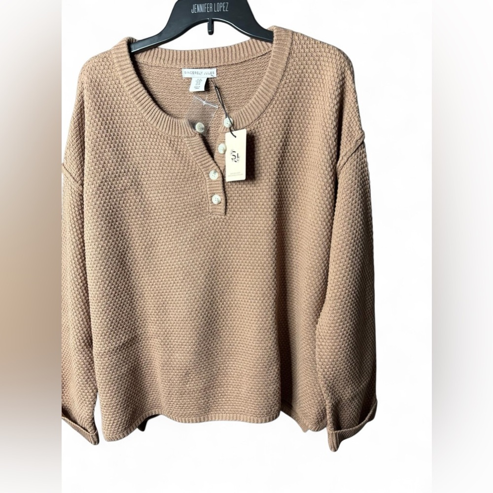 Sincerely Jules Waffle Knit Henley Sweater Beige Cozy Size M NWT - Picture 2 of 9
